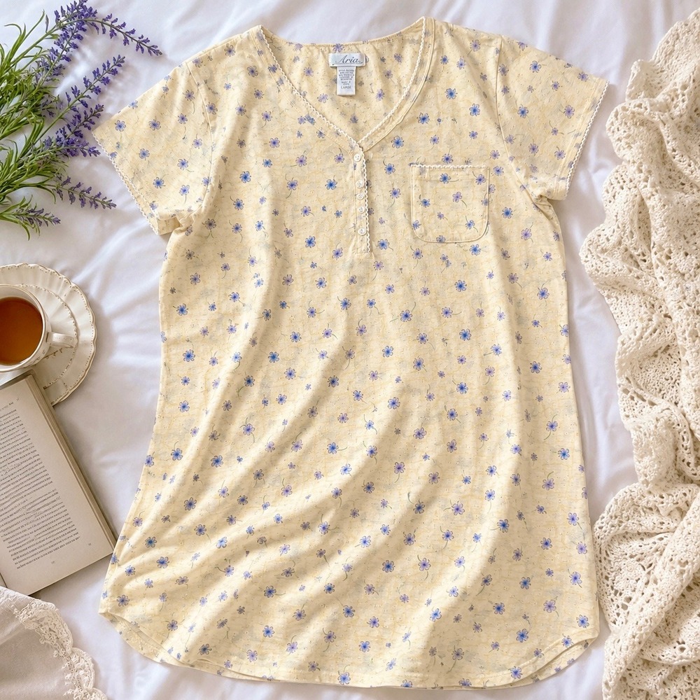 Vintage‎ Aria Floral Nightgown Womens Large Cotton Blend Yellow Cottagecore